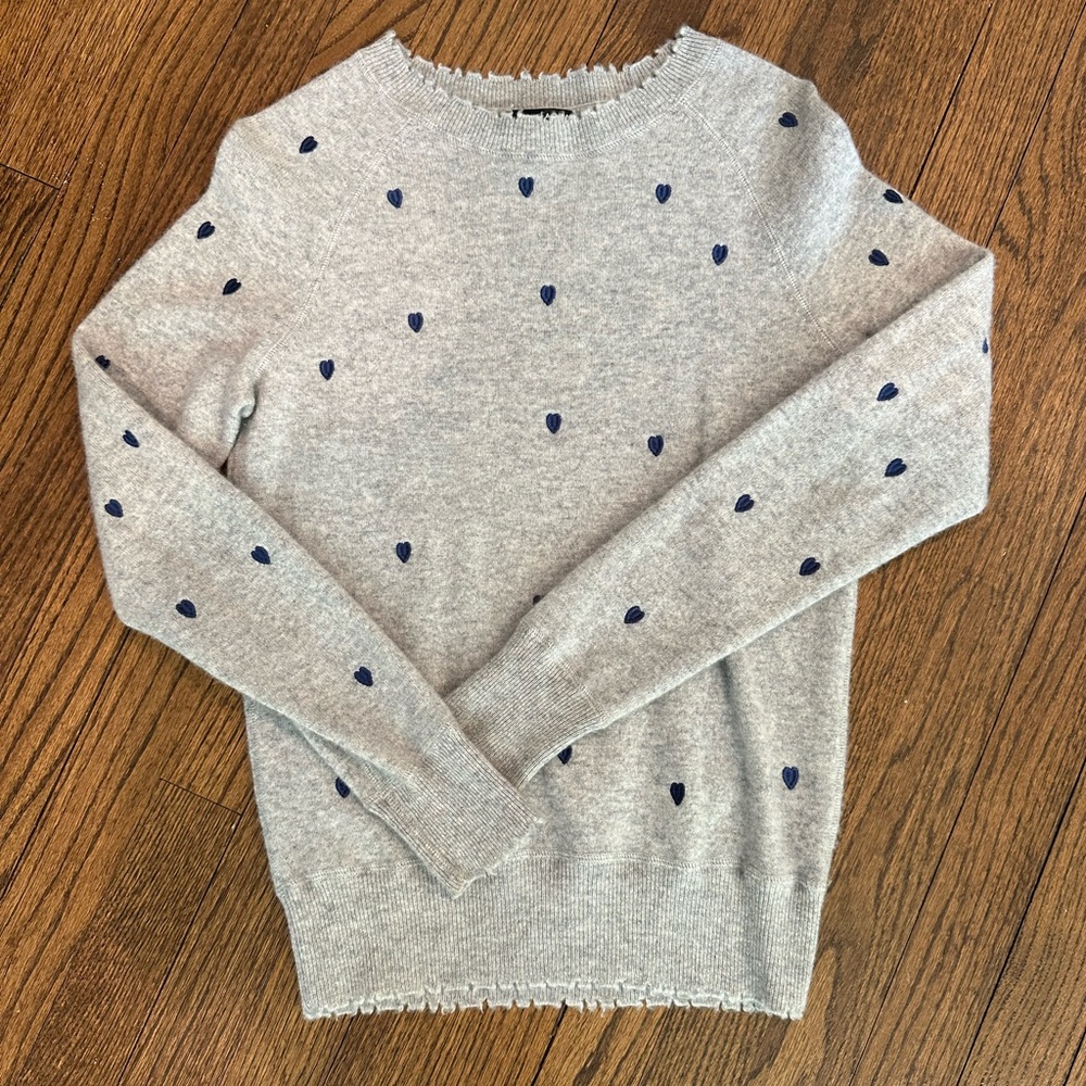 Aqua Cashmere Grey Embroidered Hearts Sweater